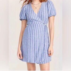 NWT Old Navy Striped Wrap Dress Puff Sleeve Size‎ XL Linen Blend